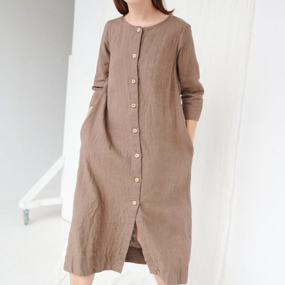 Linenfpx Dresses & Skirts - Linenfox Beige Button Down Shirt Oversized Dress Small-Medium